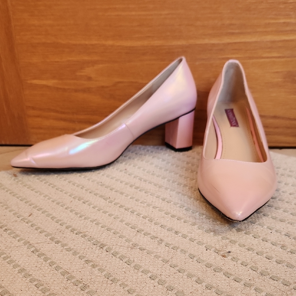 Elegant Iridescent Pink Block Heel Pumps